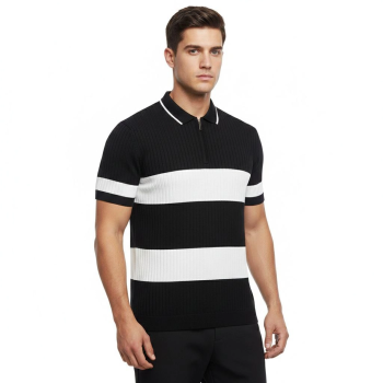 Erkek T-shirt Çizgili Triko Kumaş Polo Yaka Yarım Fermuarlı Kısa Kol Tişört - Siyah