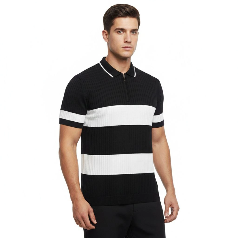 Erkek T-shirt Çizgili Triko Kumaş Polo Yaka Yarım Fermuarlı Kısa Kol Tişört - Siyah