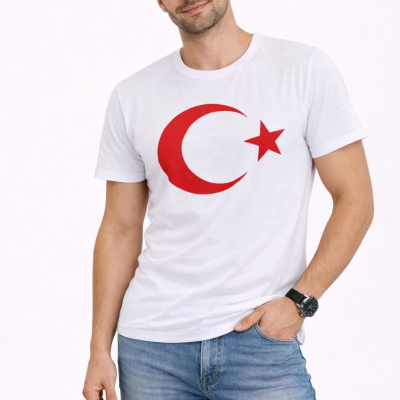 Erkek T-Shirt Kısa Kol Bisiklet Yaka Ay Yıldız Bayrak Baskılı Tişört - Beyaz