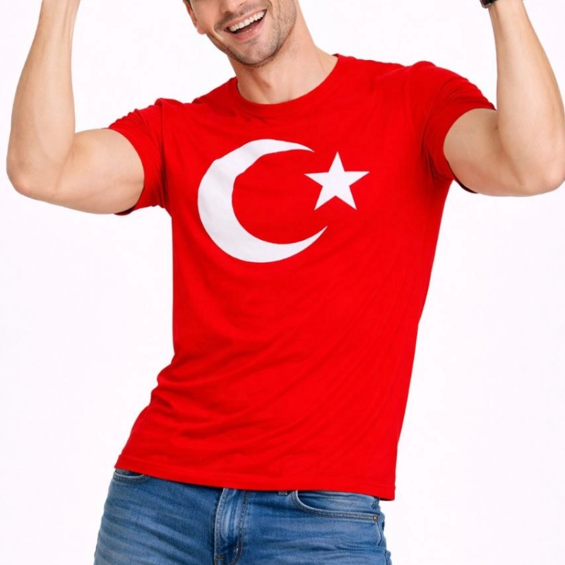Erkek T-Shirt Kısa Kol Bisiklet Yaka Ay Yıldız Bayrak Baskılı Tişört - Kırmızı