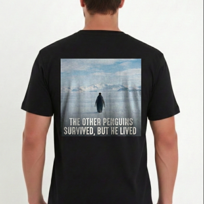 Erkek T-Shirt Penguen Baskılı Bisiklet Yaka Kısa kol yazlık Tişört - Siyah