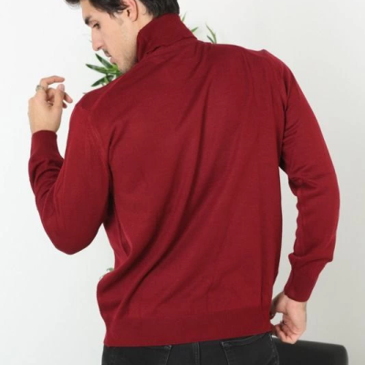 Erkek Tam Boğazlı Balıkçı Yaka Kazak Uzun Kol Düz Dokuma Triko - Bordo