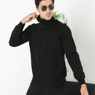 Erkek Tam Boğazlı Balıkçı Yaka Kazak Uzun Kol Düz Dokuma Triko - Siyah