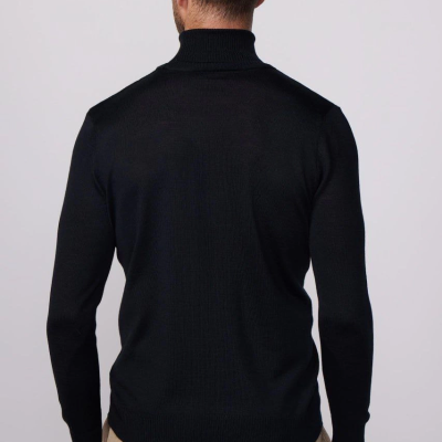 Erkek Tam Boğazlı Balıkçı Yaka Kazak Uzun Kol Düz Dokuma Triko - Siyah