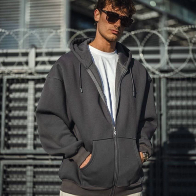 Erkek Tam Fermuarlı Cepli Kapüşonlu 3 iplik pamuklu hoodie Sweatshirt - Füme