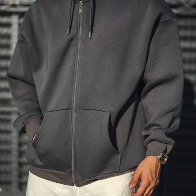 Erkek Tam Fermuarlı Cepli Kapüşonlu 3 iplik pamuklu hoodie Sweatshirt - Füme