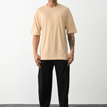 Erkek Tişört Düz Basic Penye Yazlık Bisiklet Yaka Kısa Kol T-Shirt - Bej