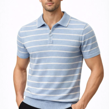 Erkek Triko Polo Yaka Fermuarlı Çizgili Tişört T-Shirt Yazlık Şık - Bebek Mavisi