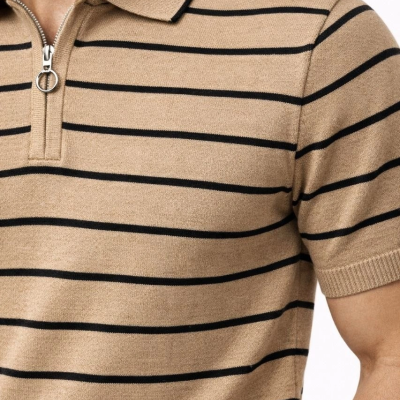 Erkek Triko Polo Yaka Fermuarlı Çizgili Tişört T-Shirt Yazlık Şık - Kahverengi