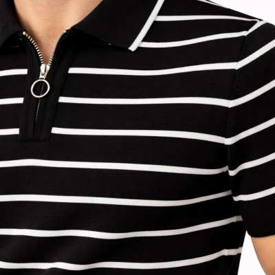 Erkek Triko Polo Yaka Fermuarlı Çizgili Tişört T-Shirt Yazlık Şık - Siyah