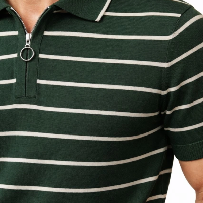Erkek Triko Polo Yaka Fermuarlı Çizgili Tişört T-Shirt Yazlık Şık - Yeşil