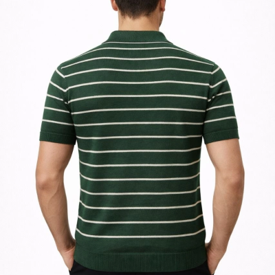Erkek Triko Polo Yaka Fermuarlı Çizgili Tişört T-Shirt Yazlık Şık - Yeşil