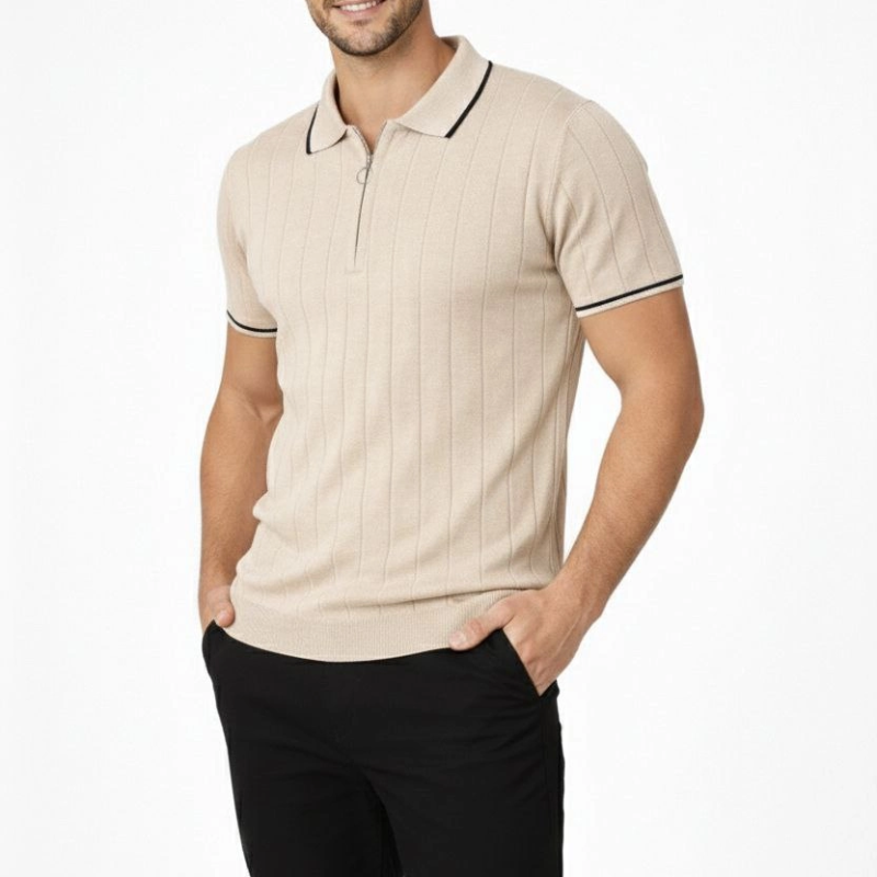 Erkek Triko Tişört Fermuarlı Polo Yaka Kısa Kol T-Shirt 3’lü Set Bej-Beyaz-Siyah