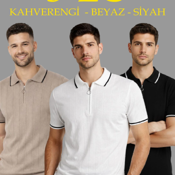 Erkek Triko Tişört Fermuarlı Polo Yaka Kısa Kol T-Shirt 3’lü Set Kahve-Siyah-Beyaz