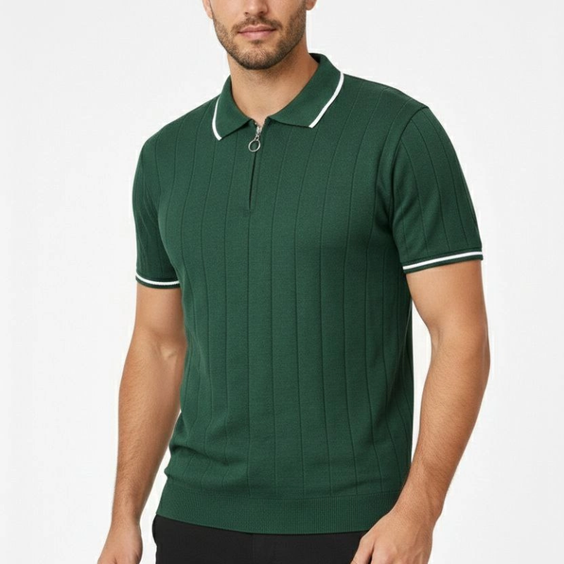 Erkek Triko Tişört Fermuarlı Polo Yaka Kısa Kol T-Shirt 3’lü Set Siyah-Kahve-Haki