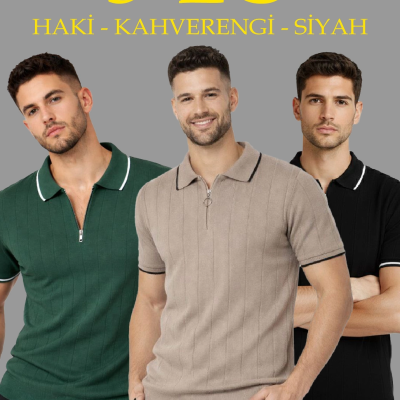 Erkek Triko Tişört Fermuarlı Polo Yaka Kısa Kol T-Shirt 3’lü Set Siyah-Kahve-Haki