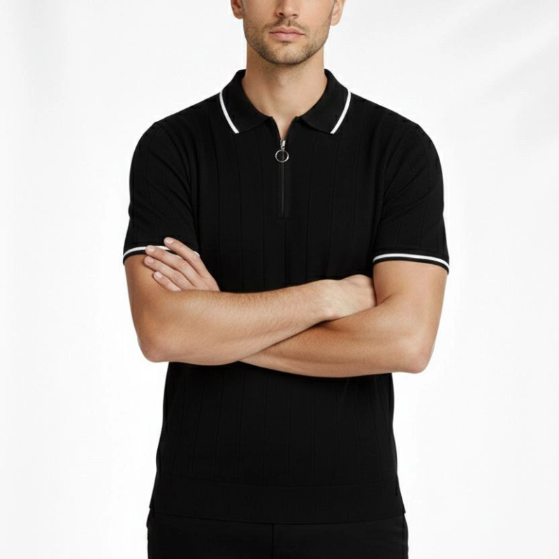 Erkek Triko Tişört Fermuarlı Polo Yaka Kısa Kol T-Shirt 3’lü Set Siyah-Kahve-Haki