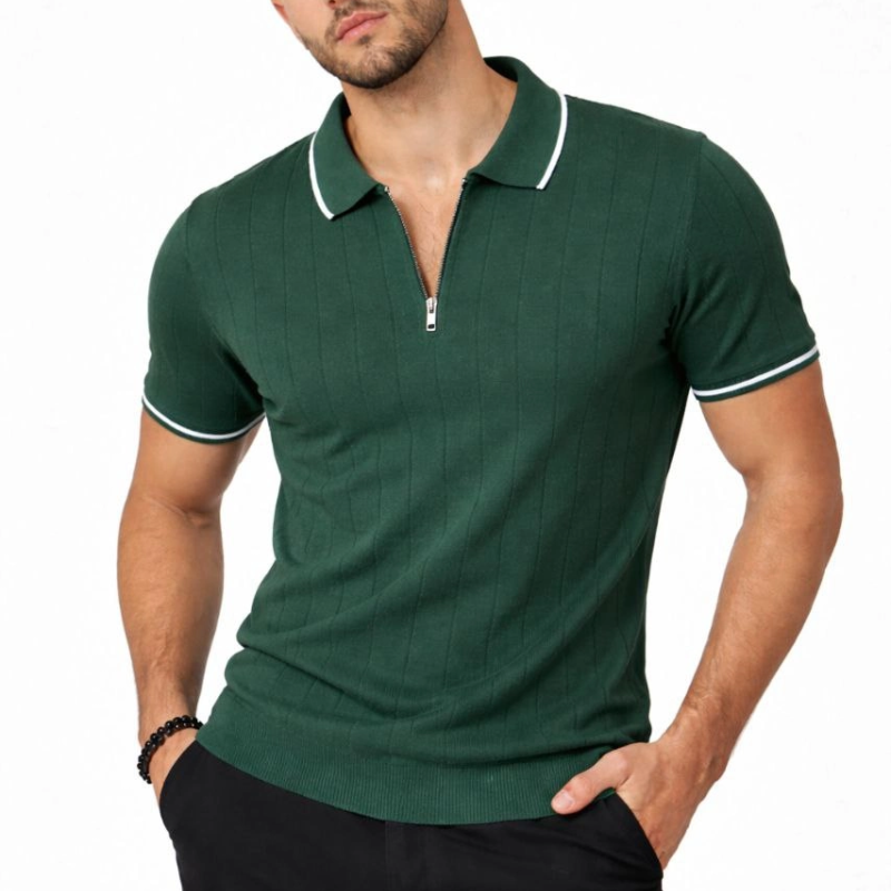Erkek Triko Tişört Fermuarlı Polo Yaka Kısa Kol T-Shirt 3’lü Set Siyah-Kahve-Haki