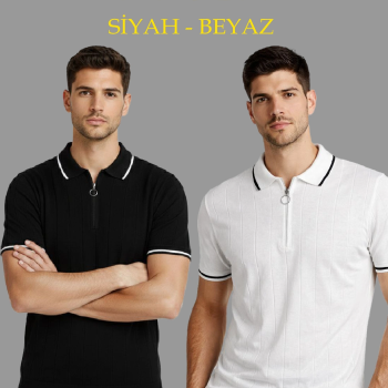 Erkek Triko Tişört Fermuarlı Polo Yaka Yazlık Kısa Kol T-Shirt 2’li Set Beyaz-Siyah