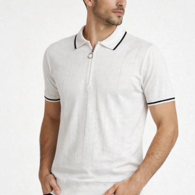 Erkek Triko Tişört Fermuarlı Polo Yaka Yazlık Kısa Kol T-Shirt 2’li Set Beyaz-Siyah