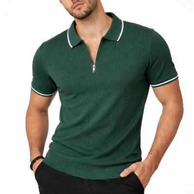 Erkek Triko Tişört Fermuarlı Polo Yaka Yazlık Kısa Kol T-Shirt 2’li Set Haki-Siyah