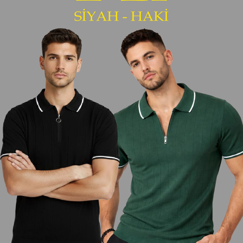 Erkek Triko Tişört Fermuarlı Polo Yaka Yazlık Kısa Kol T-Shirt 2’li Set Haki-Siyah