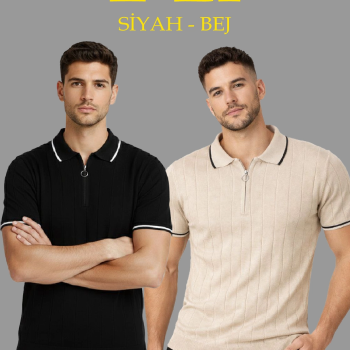 Erkek Triko Tişört Fermuarlı Polo Yakal Yazlık Kısa Kol T-Shirt 2’li Set Bej-Siyah