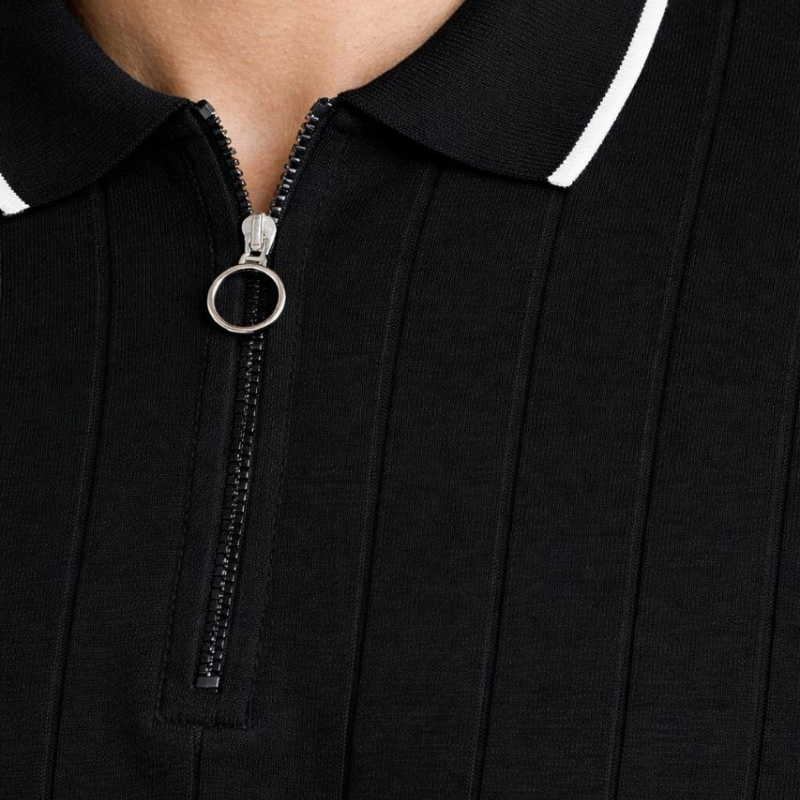 Erkek Triko Tişört Fermuarlı Polo Yakal Yazlık Kısa Kol T-Shirt 2’li Set Bej-Siyah