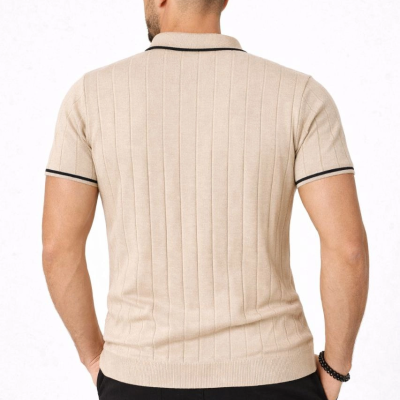 Erkek Triko Tişört Fermuarlı Polo Yakal Yazlık Kısa Kol T-Shirt 2’li Set Bej-Siyah