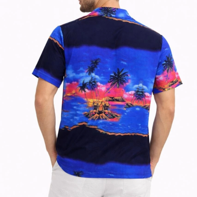 Erkek Tropikal Ada Manzara Desenli Kısa Kol Gömlek Hawaii Tarz Yazlık Rahat Kalıp - Desenli