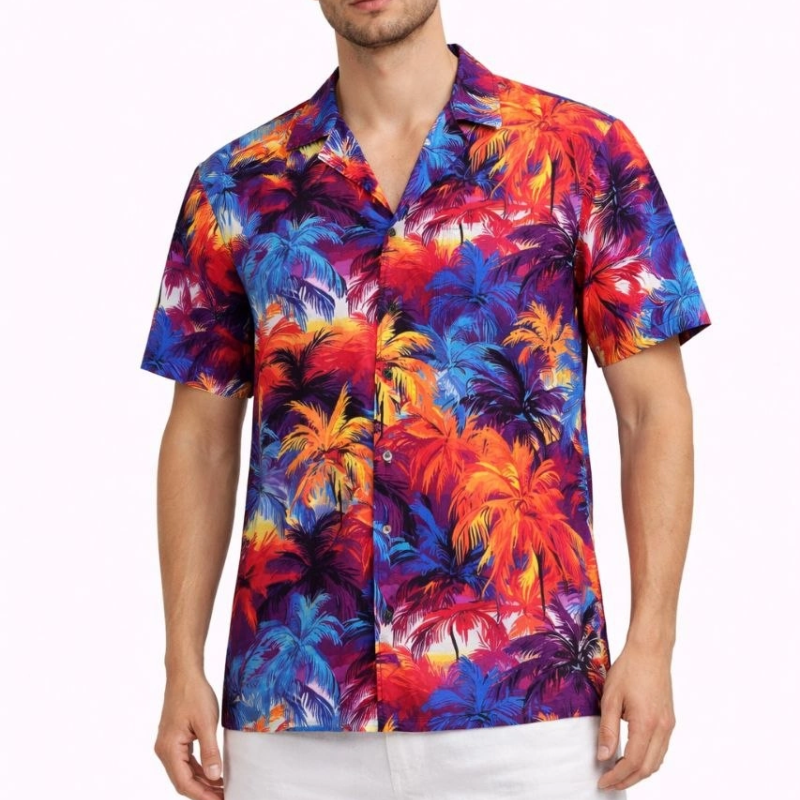 Erkek Tropikal Desenli Kısa Kol Gömlek Rahat Kalıp Yazlık Hawaii Tarz - Desenli