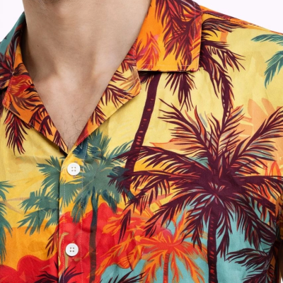 Erkek Tropikal Palmiye Desenli Kısa Kol Gömlek Yazlık Rahat Kalıp Dijital Baskılı - Desenli