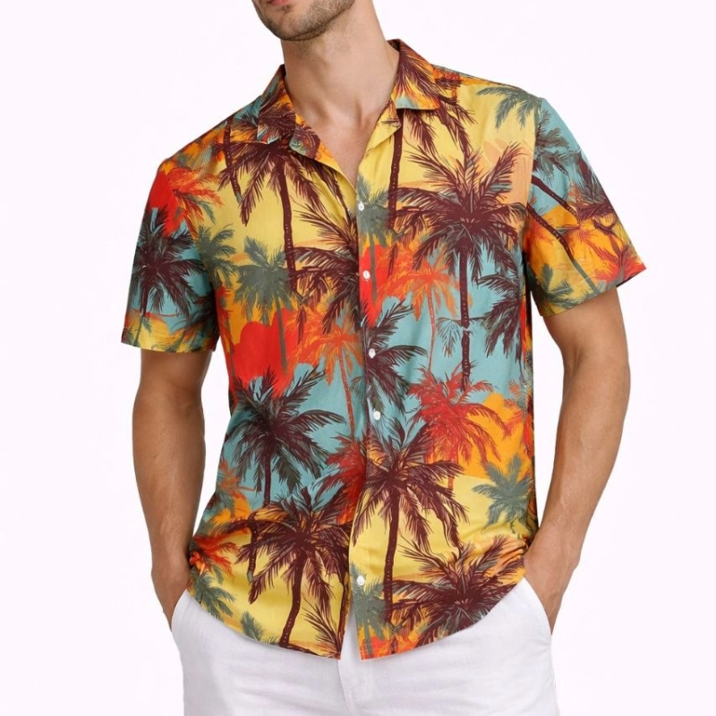 Erkek Tropikal Palmiye Desenli Kısa Kol Gömlek Yazlık Rahat Kalıp Dijital Baskılı - Desenli