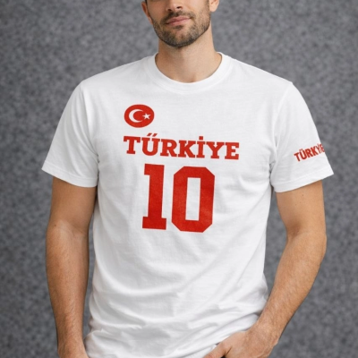 Erkek TÜRKİYE Ay Yıldız Baskılı 10 Numara Forma Tişört Taraftar T-Shirt - Beyaz