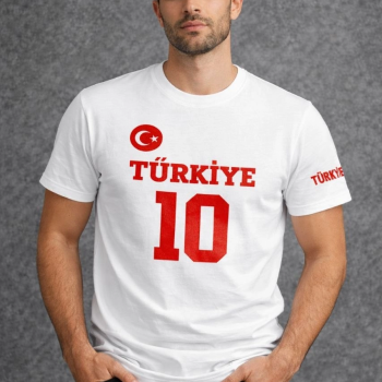 Erkek TÜRKİYE Ay Yıldız Baskılı 10 Numara Forma Tişört Taraftar T-Shirt - Beyaz