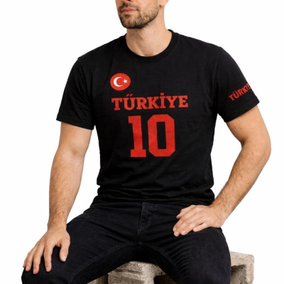 Erkek TÜRKİYE Ay Yıldız Baskılı 10 Numara Forma Tişört Taraftar T-Shirt - Siyah