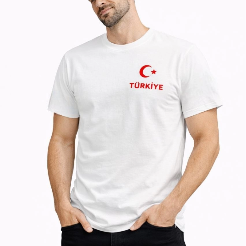 Erkek TÜRKİYE Ay Yıldız Baskılı Taraftar Forma T-Shirt - Beyaz