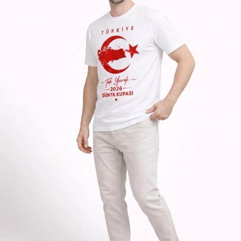 Erkek TÜRKİYE Ay Yıldız Baskılı Taraftar Forma T-Shirt - Beyaz