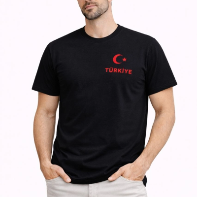 Erkek TÜRKİYE Ay Yıldız Baskılı Taraftar Forma T-Shirt - Siyah