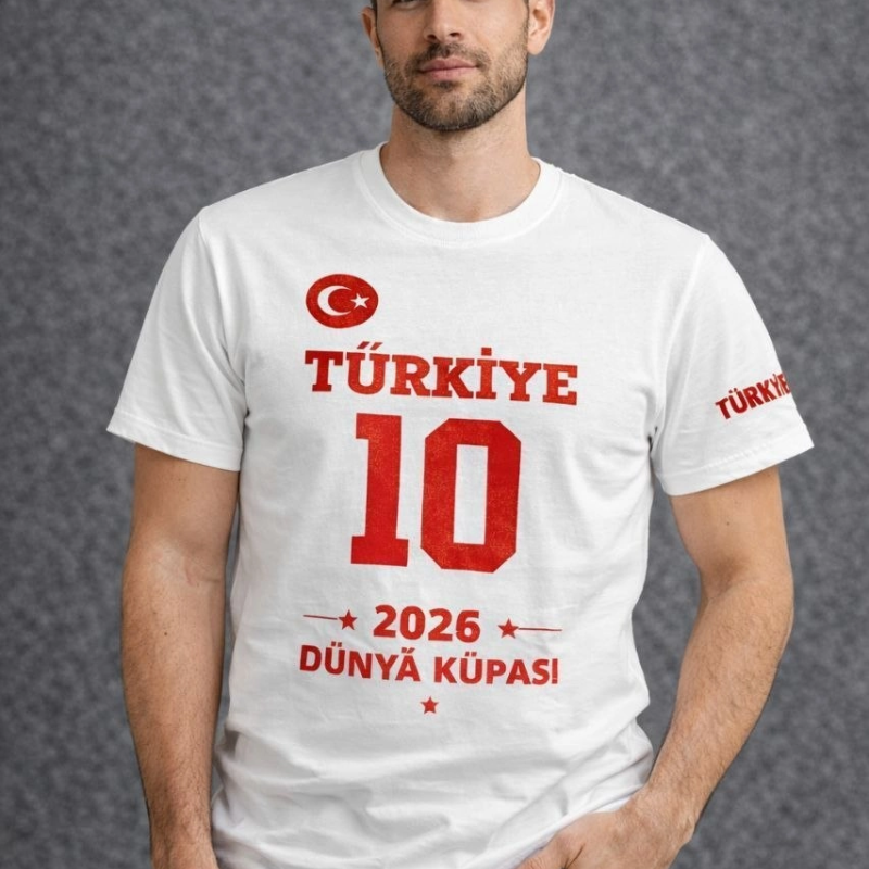 Erkek TÜRKİYE Baskılı Tişört 2026 Dünya Kupası Taraftar Forma T-Shirt - Beyaz
