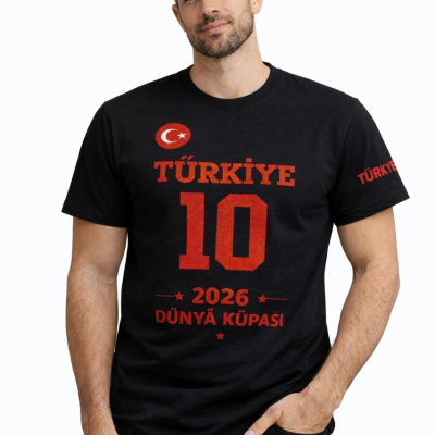 Erkek TÜRKİYE Baskılı Tişört 2026 Dünya Kupası Taraftar Forma T-Shirt - Siyah