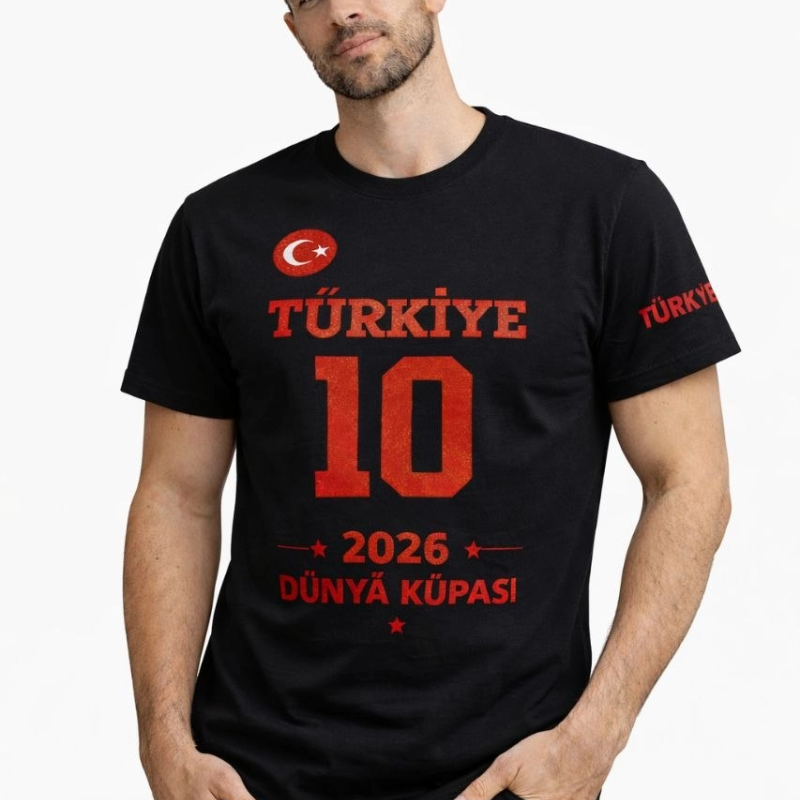 Erkek TÜRKİYE Baskılı Tişört 2026 Dünya Kupası Taraftar Forma T-Shirt - Siyah