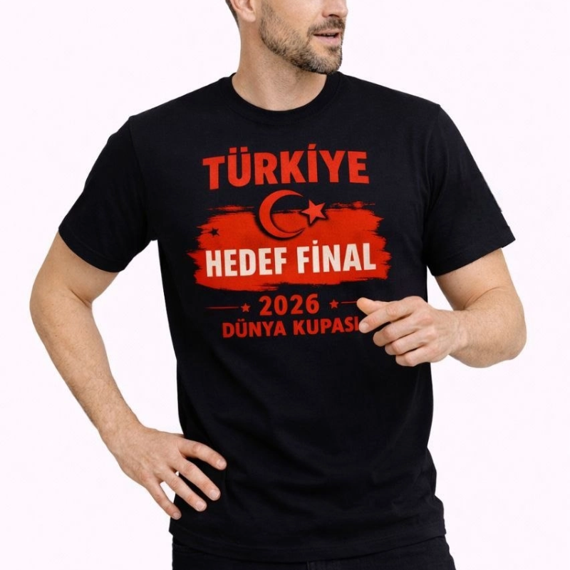 Erkek TÜRKİYE Baskılı Tişört Ay Yıldız 2026 Dünya Kupası Taraftar Forma T-Shirt - Siyah