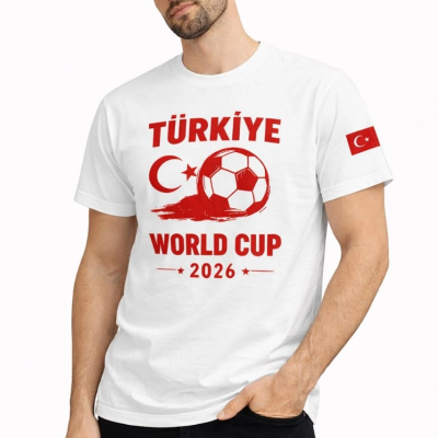 Erkek Türkiye World Cup 2026 Baskılı Tişört Futbol Temalı Forma T-Shirt - Beyaz