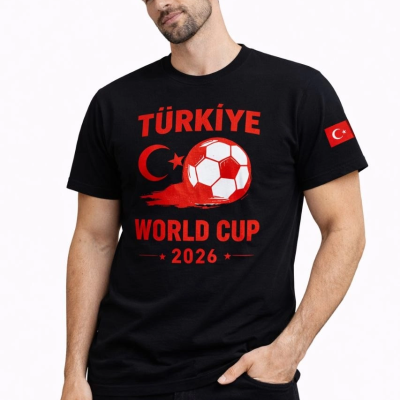 Erkek Türkiye World Cup 2026 Baskılı Tişört Futbol Temalı Forma T-Shirt - Siyah