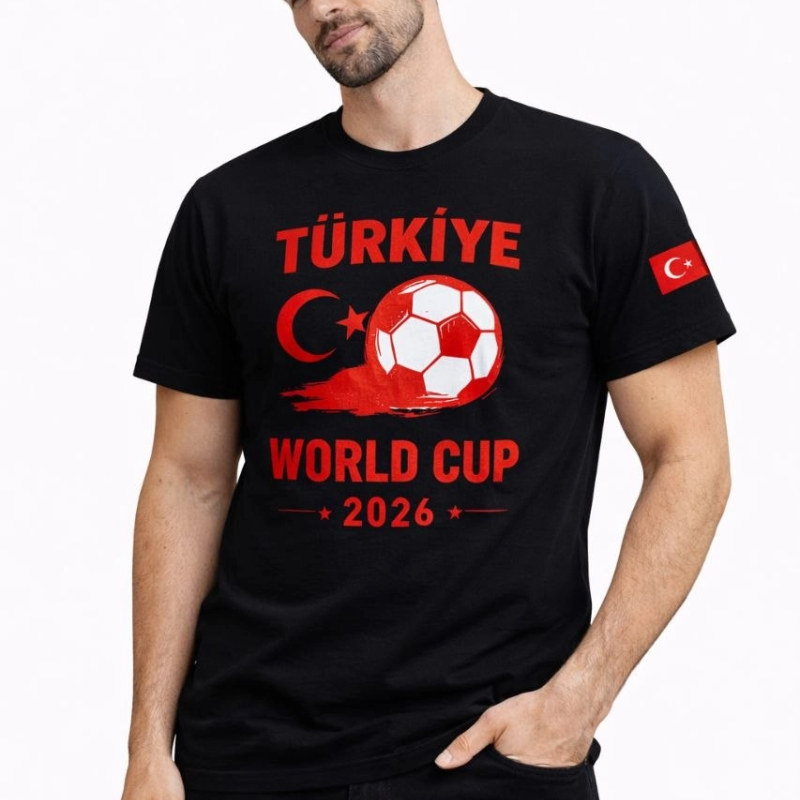 Erkek Türkiye World Cup 2026 Baskılı Tişört Futbol Temalı Forma T-Shirt - Siyah
