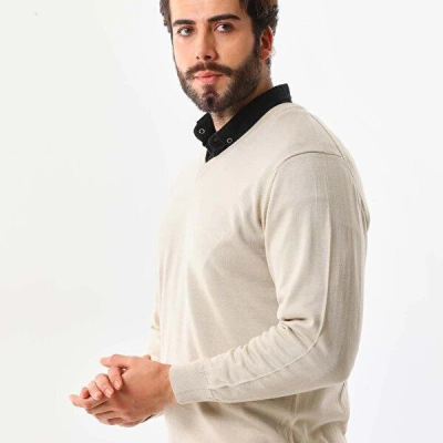 Erkek V Yaka Kazak Uzun Kol Düz Dokuma Triko - Krem