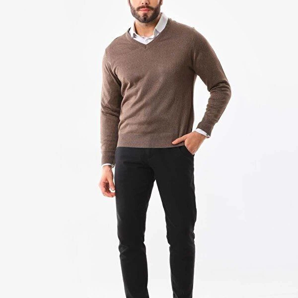 Erkek V Yaka Kazak Uzun Kol Düz Dokuma Triko - Vizon