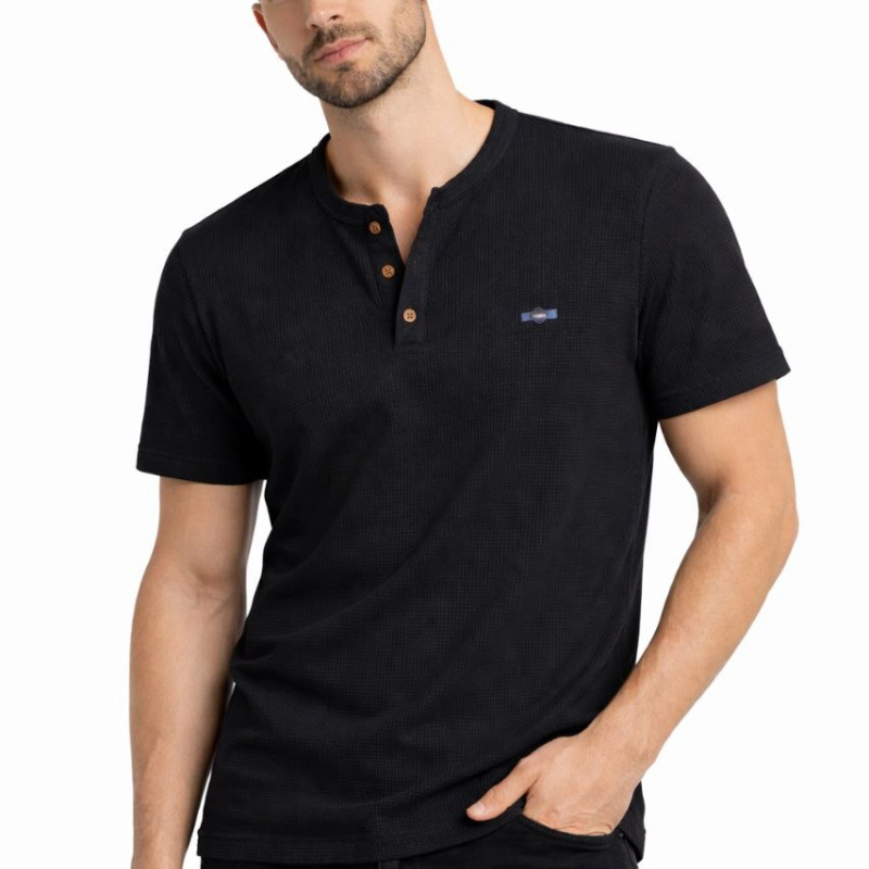 Erkek Waffle Dokulu Likralı Henley Yaka Düğmeli Regular Kısa Kol T-Shirt - Siyah