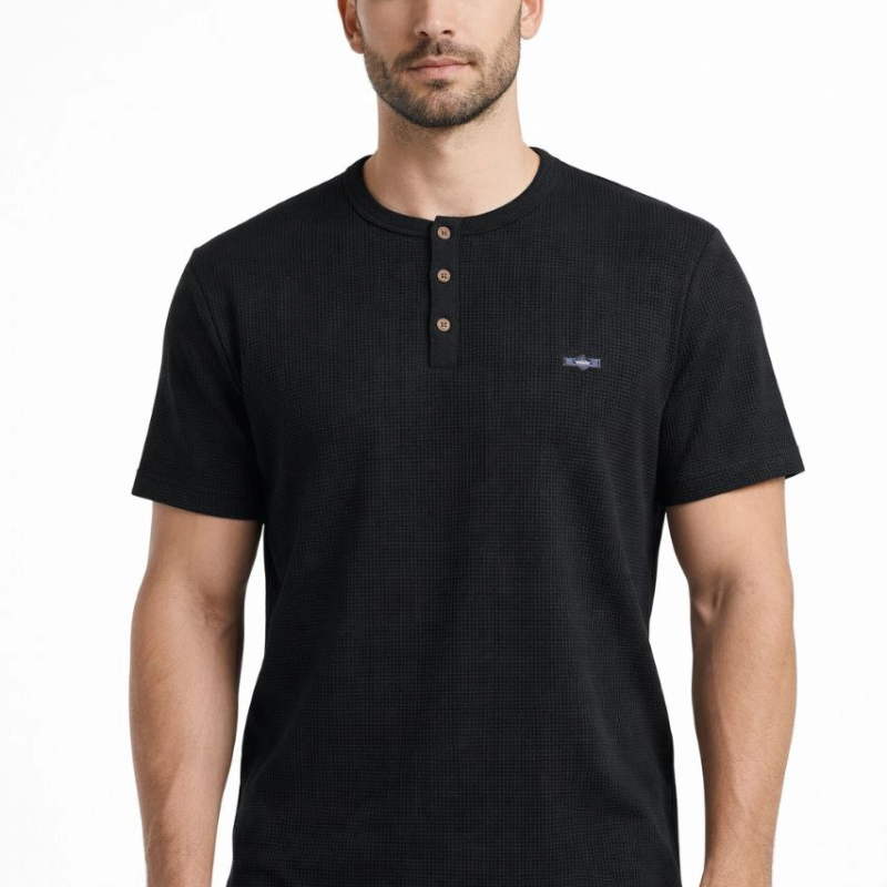 Erkek Waffle Dokulu Likralı Henley Yaka Düğmeli Regular Kısa Kol T-Shirt - Siyah